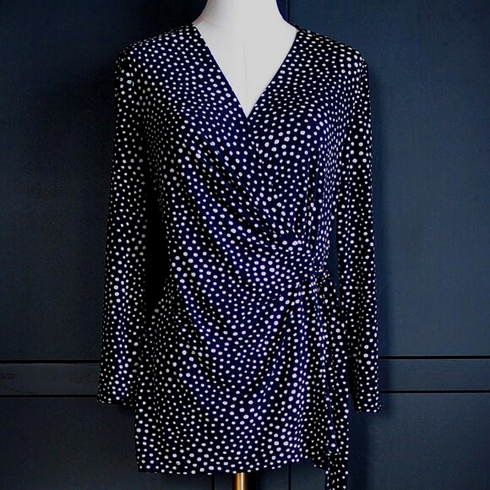 Anne Klein | Faux Wrap Top with Side Tie in Black and White Polka Dot